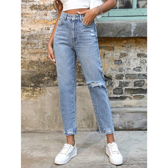 Denim - Ripped Frayed Hem Mom Jeans distressed denim straight leg high waisted light